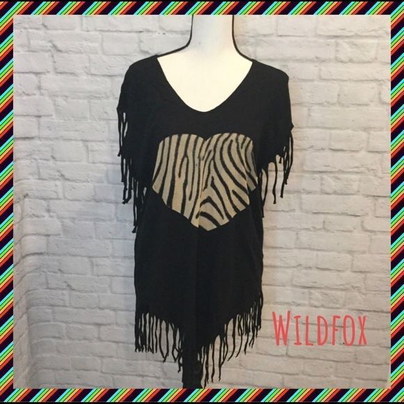 Wildfox Tops - NWOT, Wildfox Oversized Fringe Tunic with Zebra Print Heart: Fits XS-M